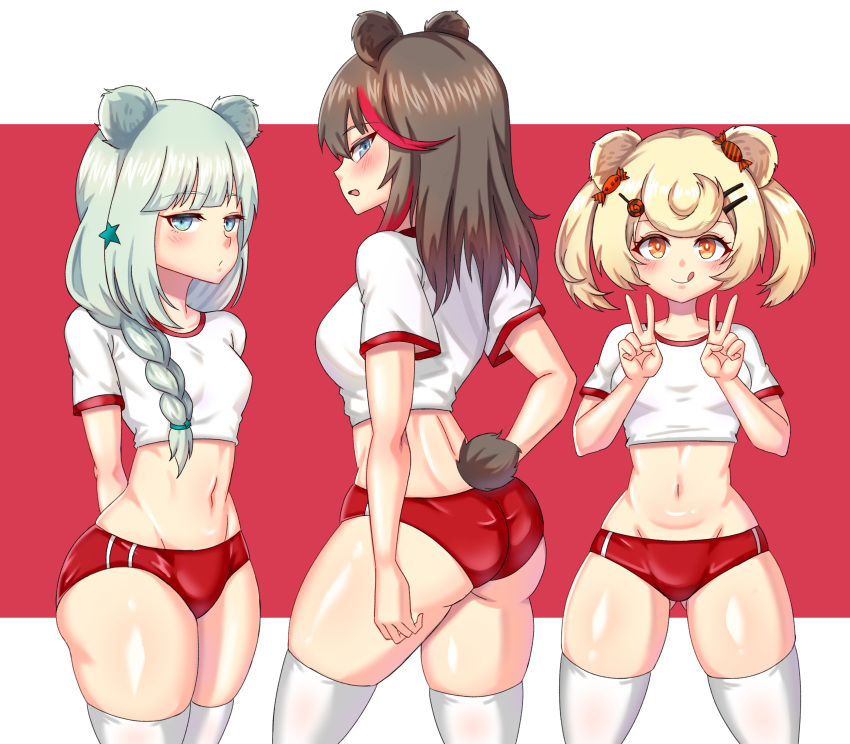 3girls :q absurdres alternate_costume animal_ears arknights arms_behind_back ass ass_visible_through_thighs bangs bear_ears bear_tail blonde_hair blue_eyes blush braid breasts brown_hair buruma commentary_request crop_top double_v eyebrows_visible_through_hair from_behind gummy_(arknights) gym_uniform hair_ornament hairclip highres istina_(arknights) korean_commentary long_hair medium_breasts midriff milssak multicolored_hair multiple_girls navel no_hat no_headwear open_mouth profile red_background red_buruma redhead shirt short_hair short_sleeves silver_hair single_braid skindentation small_breasts star star_hair_ornament stomach streaked_hair tail thick_thighs thigh-highs thighs tongue tongue_out twintails two-tone_background v white_background white_legwear white_shirt wolf_tail yellow_eyes zima_(arknights)