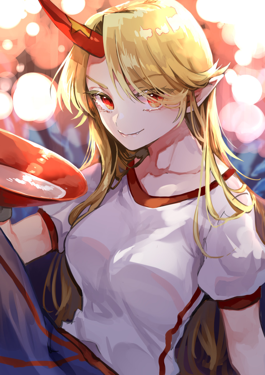 1girl absurdres blonde_hair blue_skirt commentary_request cuffs cup fang fang_out hand_up highres holding horn hoshiguma_yuugi long_hair looking_at_viewer pointy_ears red_eyes risui_(suzu_rks) sakazuki shackles shirt short_sleeves skirt smile solo touhou upper_body white_shirt