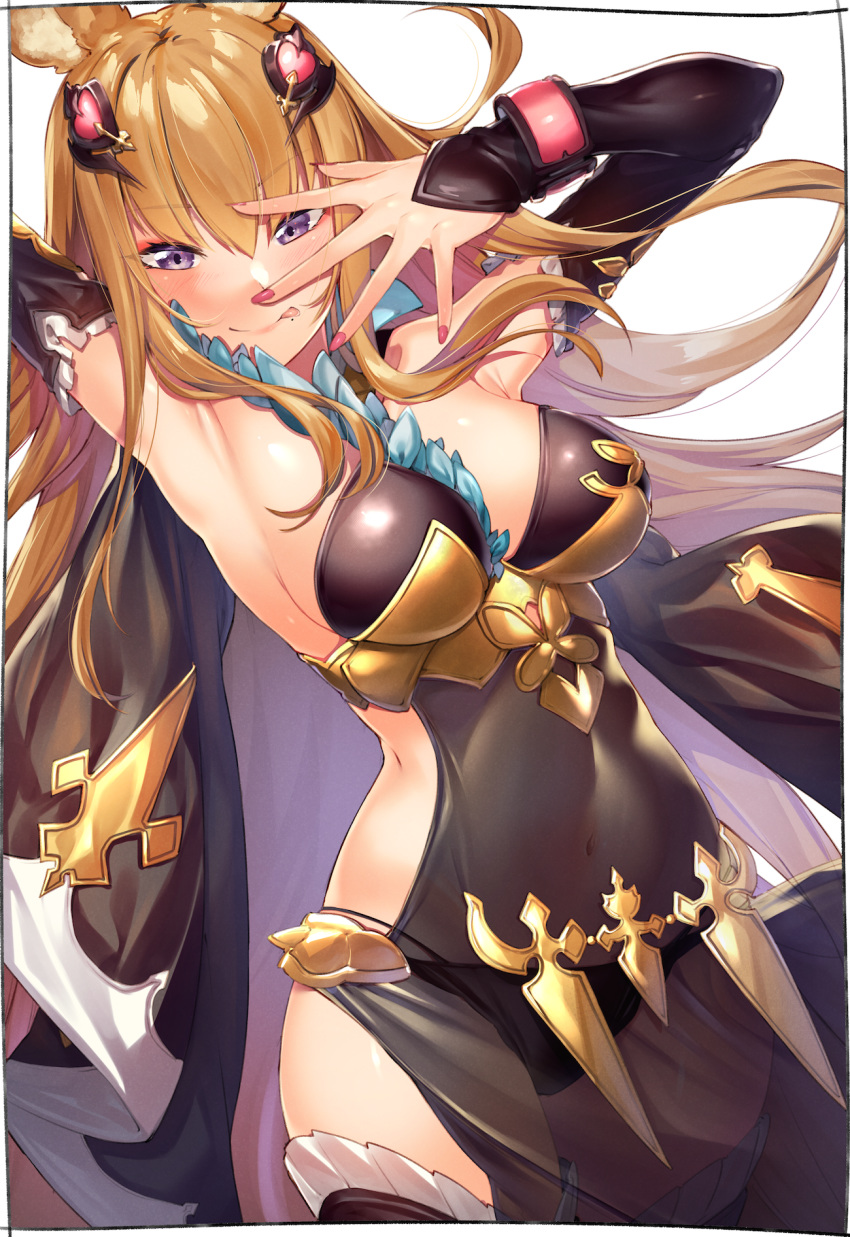 1girl armpits arms_up bangs breasts brown_eyes brown_hair elbow_gloves erune fingerless_gloves gloves granblue_fantasy hair_ornament hand_up highres kei_(soundcross) leotard long_hair looking_at_viewer metera_(granblue_fantasy) mole mole_under_mouth open_hand sideboob simple_background solo tongue tongue_out