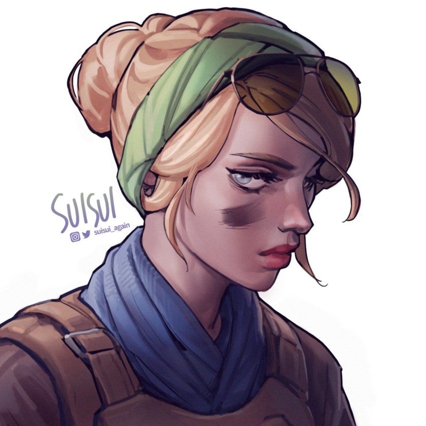 1girl alternate_costume aviator_sunglasses blonde_hair blue_eyes commentary english_commentary eyebrows eyebrows_visible_through_hair eyewear_on_head facepaint green_hairband hair_bun hairband highres lips looking_at_viewer nose portrait rainbow_six_siege scarf short_hair signature solo suisui_again sunglasses twitter_username updo valkyrie_(rainbow_six_siege) white_background
