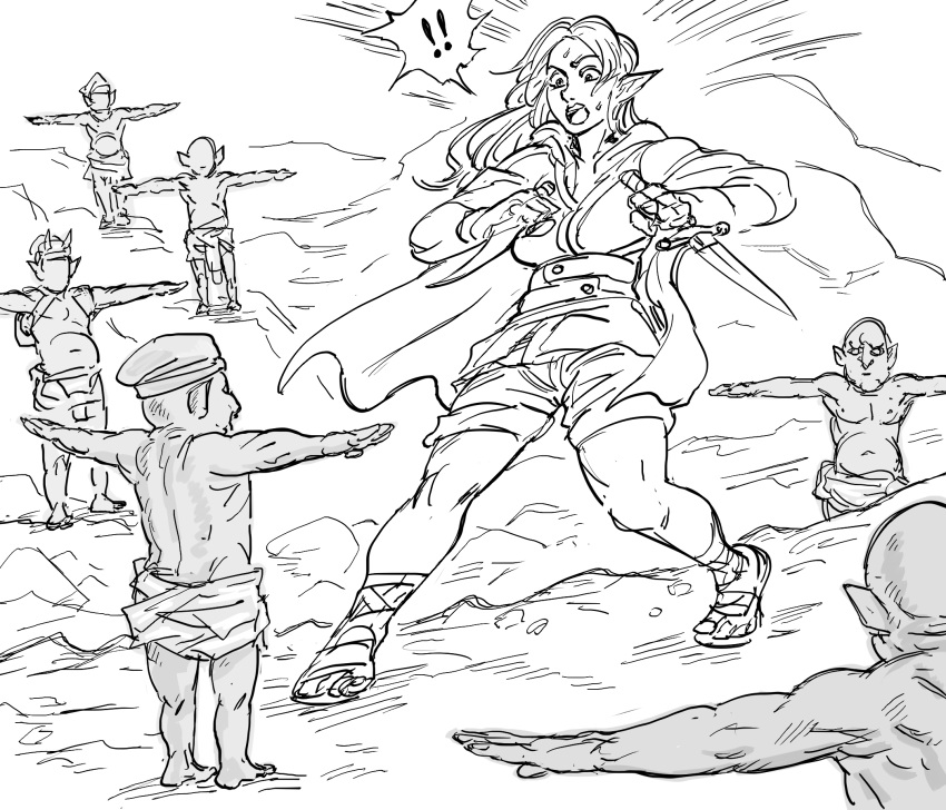 ! !! 1girl 6+boys bb_(baalbuddy) cape commentary dagger elf emphasis_lines english_commentary goblin greyscale highres holding holding_dagger holding_sword holding_weapon meme monochrome multiple_boys open_mouth original pointy_ears reverse_grip sandals shorts spoken_exclamation_mark sweatdrop sword t-pose weapon wide-eyed