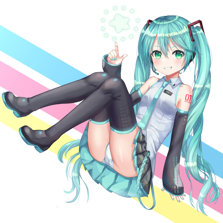 1girl absurdres aqua_eyes aqua_hair boots happycloud hatsune_miku highres panties striped thigh-highs thigh_boots twintails underwear vocaloid white_panties