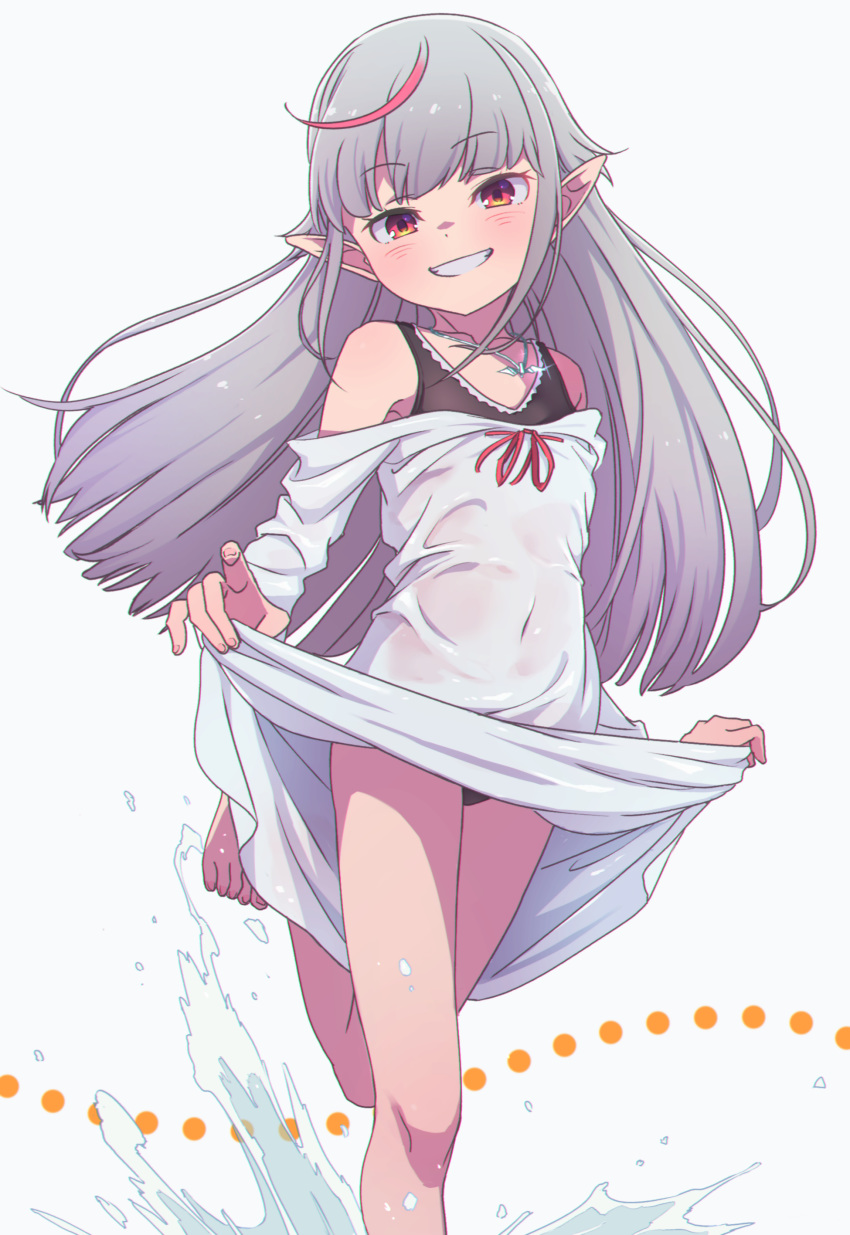 1girl absurdres barefoot black_panties blush brown_eyes commentary dress eyebrows_visible_through_hair foot_out_of_frame grey_hair highres jewelry long_hair looking_at_viewer makaino_ririmu multicolored_hair navel necklace nijisanji off-shoulder_dress off_shoulder panties pointy_ears redhead sabamen see-through simple_background skirt_hold smile solo splashing standing standing_on_one_leg streaked_hair teeth underwear virtual_youtuber wading water wet wet_clothes wet_dress white_background white_dress