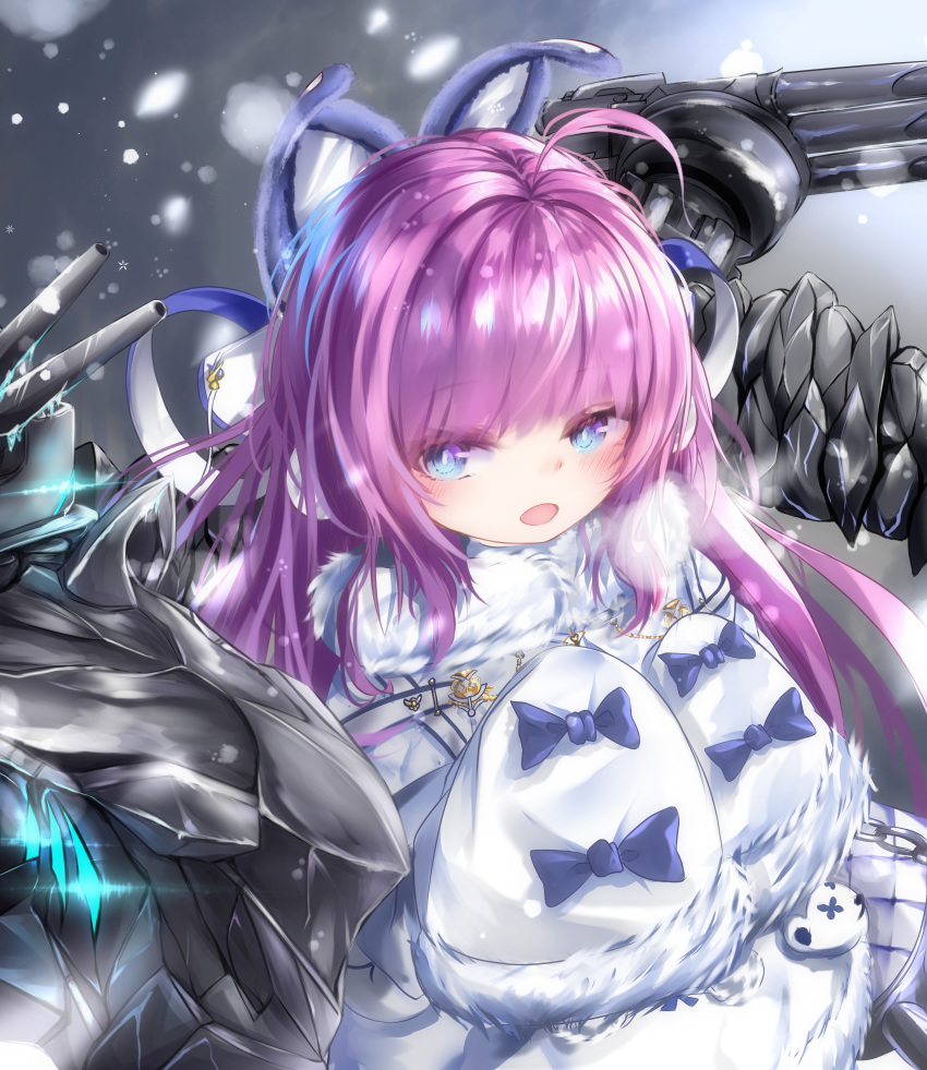 1girl absurdres animal_ears azur_lane blue_eyes blush coat eyebrows_visible_through_hair fake_animal_ears fur_trim hair_ornament hair_ribbon highres huge_filesize long_hair long_sleeves looking_at_viewer nekodama2000 open_mouth purple_hair ribbon shirt sleeves_past_wrists solo tashkent_(azur_lane) thigh-highs very_long_hair white_coat