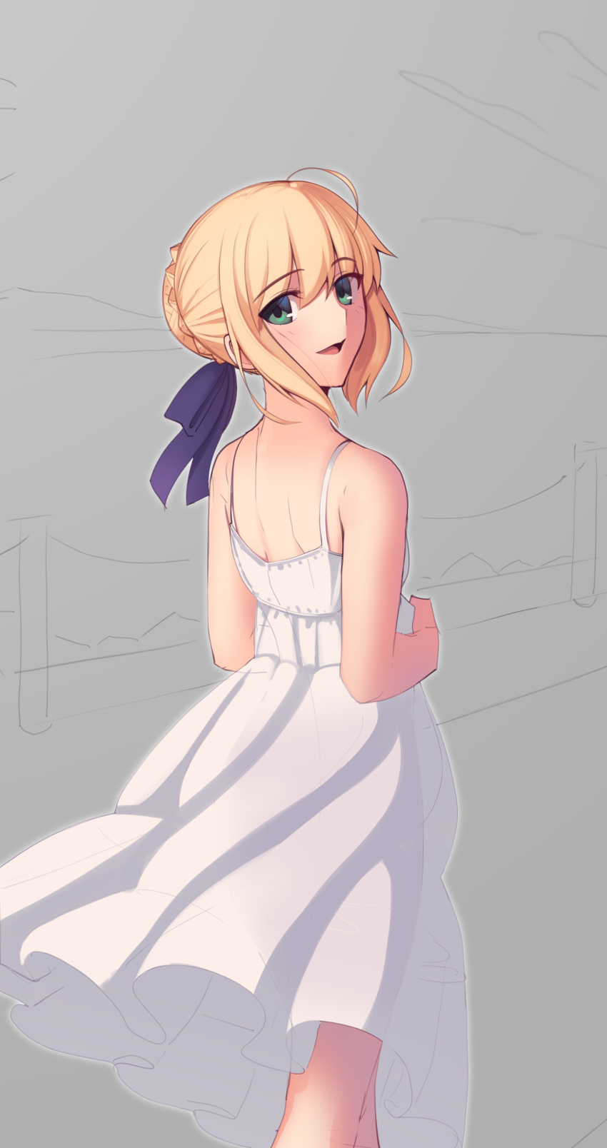 1girl absurdres artoria_pendragon_(all) boa_(brianoa) dress fate_(series) from_below grey_background highres looking_at_viewer saber shoulder_blades solo sundress walking white_dress wind wind_lift