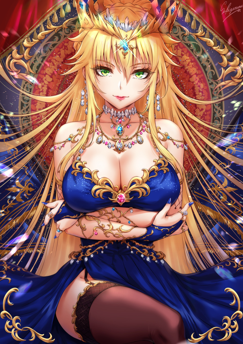 1girl artoria_pendragon_(all) bangs bare_shoulders black_legwear blonde_hair blue_dress blue_nails braid breasts commentary_request crown dress earrings eyebrows_visible_through_hair fate/grand_order fate_(series) gem green_eyes hair_ornament highres jewelry long_hair looking_at_viewer ribbon sakiyamama sitting smile solo thigh-highs very_long_hair