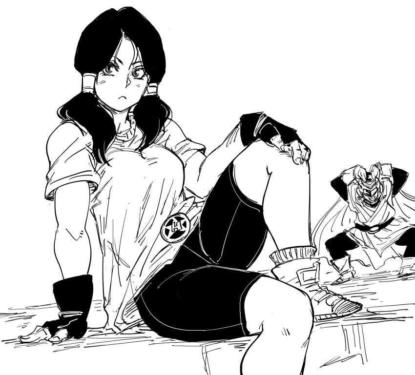 1boy 1girl bb_(baalbuddy) bike_shorts blush boots breasts closed_mouth dragon_ball dragon_ball_z fingerless_gloves fingernails gloves great_saiyaman greyscale hair_tubes hand_on_own_knee highres looking_at_viewer medium_breasts monochrome shirt short_sleeves simple_background sitting solo_focus son_gohan t-shirt twintails videl white_background