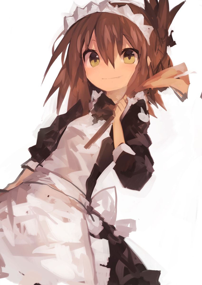 1girl absurdres alternate_costume apron bangs black_dress brown_hair dress duster enmaided eyebrows_visible_through_hair folded_ponytail hair_between_eyes highres holding inazuma_(kantai_collection) kaamin_(mariarose753) kantai_collection maid maid_headdress ponytail simple_background smile solo white_apron white_background yellow_eyes