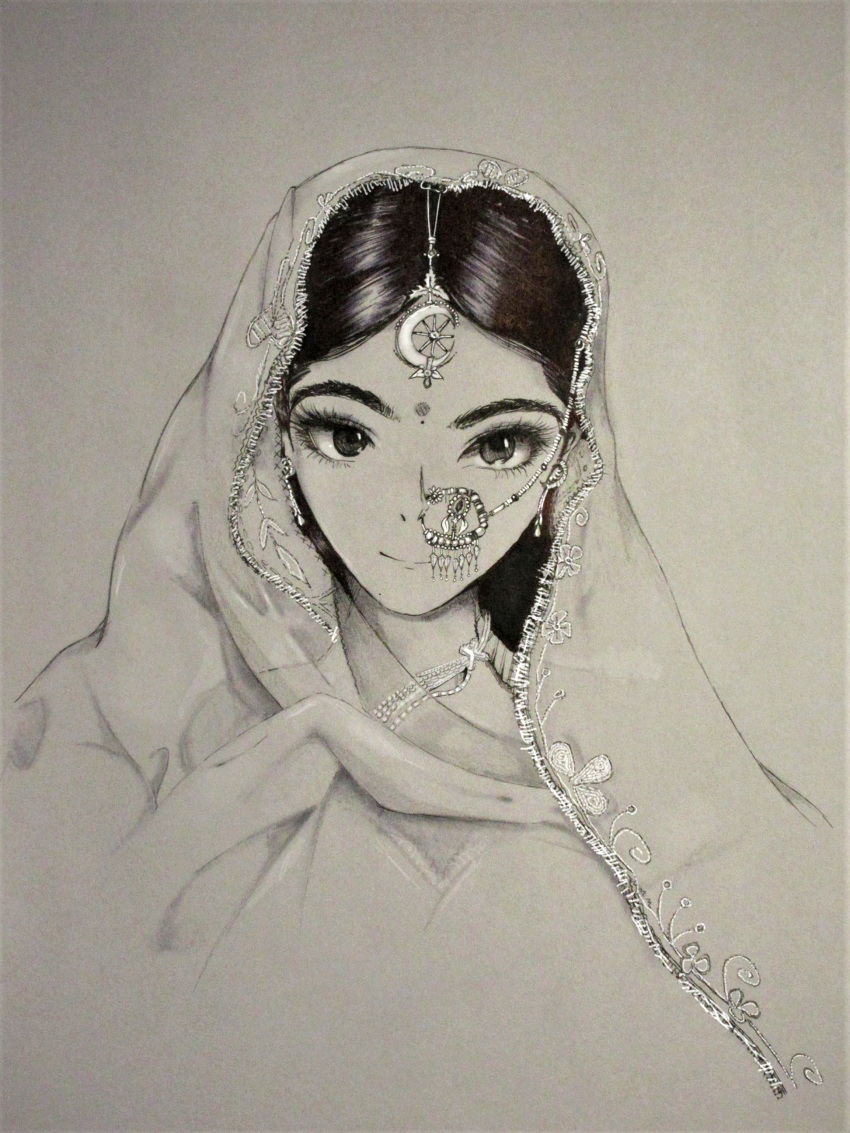1girl absurdres bindi black_eyes black_hair crescent crescent_hair_ornament decorations earrings eyebrows eyelashes graphite_(medium) hair_ornament highres hijab hood hoodie jewelry kakichurma looking_at_viewer mixed_media mole mole_under_mouth monochrome necklace nose_piercing original piercing see-through smile solo tagme traditional_media veil