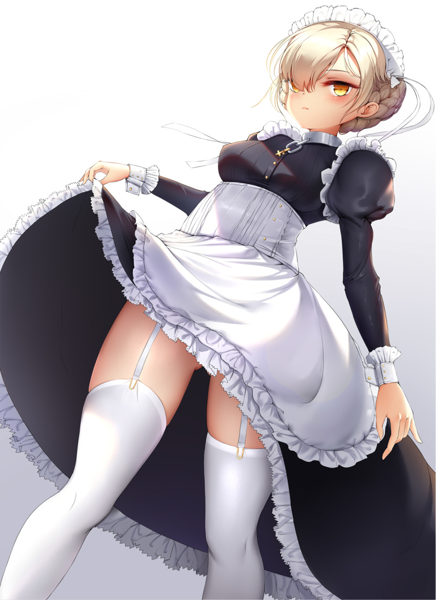 1girl apron arm_at_side azur_lane black_dress blonde_hair braid bustier chain closed_mouth collar commentary_request cowboy_shot cross dress dress_lift eyelashes french_braid frilled_dress frills from_below garter_straps gradient gradient_background grey_background hair_over_one_eye hair_ribbon highres inverted_cross juliet_sleeves knees kyuu_(16901040) lifted_by_self long_sleeves looking_at_viewer maid maid_apron maid_headdress metal_collar puffy_sleeves ribbon sheffield_(azur_lane) smirk solo sunlight thigh-highs thighs tsurime white_legwear white_ribbon wrist_cuffs yellow_eyes