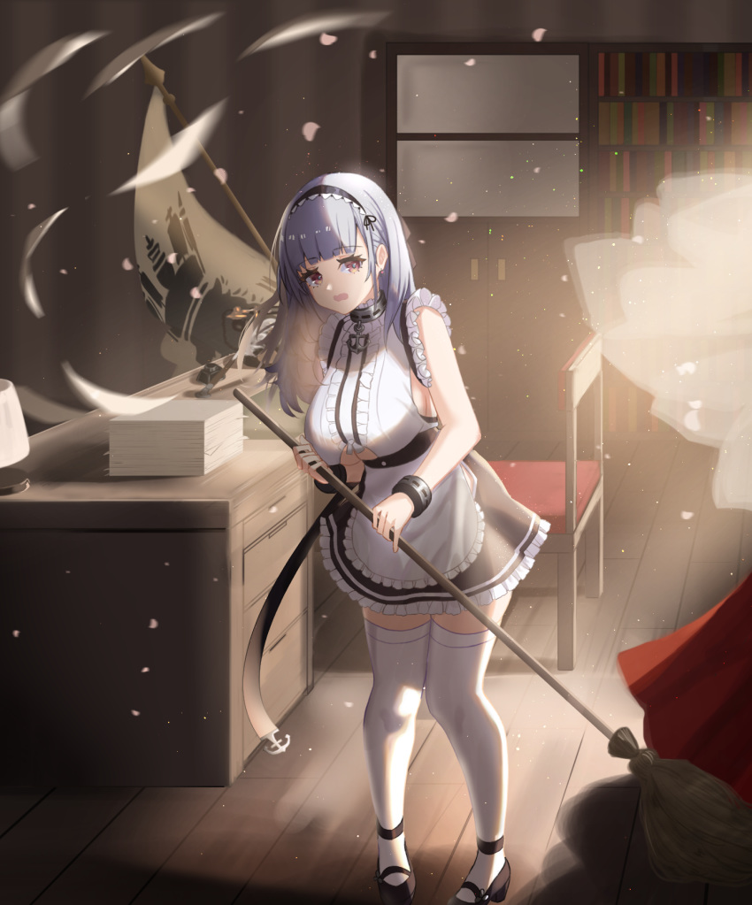 1girl apron azur_lane bangs bare_shoulders black_hairband blush breasts broom chair cleavage_cutout dido_(azur_lane) eyebrows_visible_through_hair frills hairband highres indoors large_breasts long_hair looking_at_viewer maid scenery silver_hair sleeveless solo table thigh-highs under_boob underboob_cutout violet_eyes waist_apron white_apron white_legwear wind wind_lift yukidaifuku