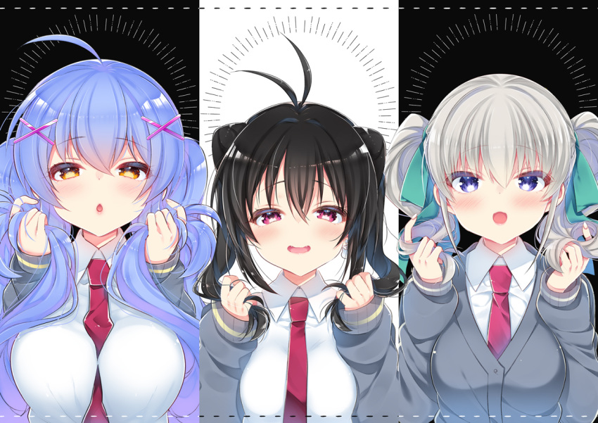 3girls :o ahoge antenna_hair between_breasts black_background black_hair blush breasts cardigan collared_shirt commentary_request eyebrows_visible_through_hair fangs green_ribbon grey_cardigan hair_between_eyes hair_ribbon hands_in_hair hano_haruka holding holding_hair large_breasts looking_at_viewer medium_breasts multiple_girls necktie necktie_between_breasts notice_lines open_mouth original purple_hair red_eyes red_neckwear ribbon shirt small_breasts twintails upper_body violet_eyes white_background white_hair white_shirt yellow_eyes
