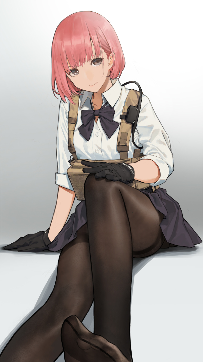 1girl bangs black_eyes black_gloves bow bowtie breasts brown_legwear cancer_(zjcconan) collared_shirt gloves highres load_bearing_equipment long_sleeves original pantyhose pink_hair purple_neckwear purple_skirt shirt short_hair sitting skirt sleeves_folded_up small_breasts solo white_shirt