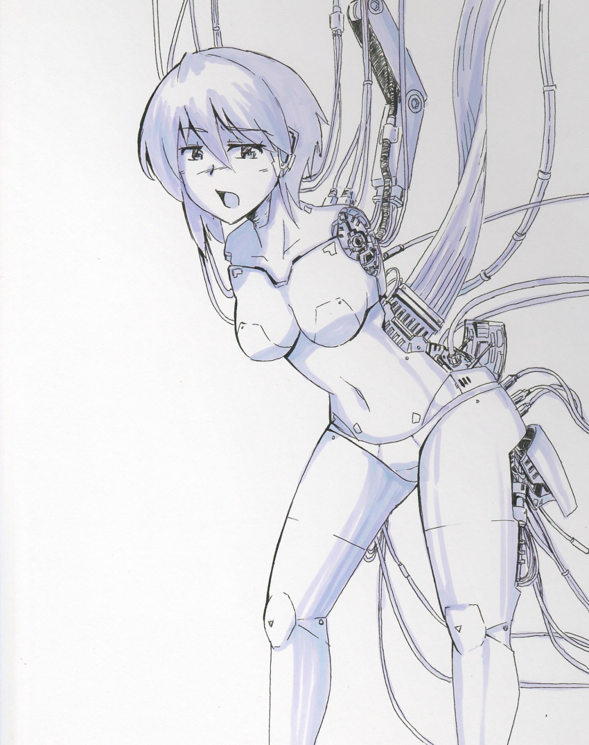 1girl android blush breasts damaged greyscale highres kashiyuki large_breasts mecha_musume medium_hair monochrome navel no_arms open_mouth original parts_exposed solo thighs tube white_background