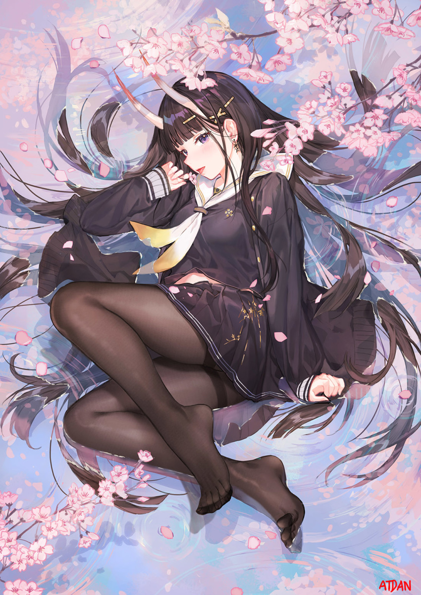 1girl atdan azur_lane black_cardigan black_hair black_serafuku black_shirt black_skirt brown_legwear cardigan cherry_blossoms earrings feet gradient hair_ornament highres jewelry long_hair long_sleeves looking_at_viewer lying miniskirt neckerchief no_shoes noshiro_(azur_lane) on_side oni_horns open_cardigan open_clothes open_mouth pantyhose pleated_skirt revision ripples sailor_collar school_uniform serafuku shirt skirt solo thighband_pantyhose tongue tongue_out tree_branch very_long_hair violet_eyes water