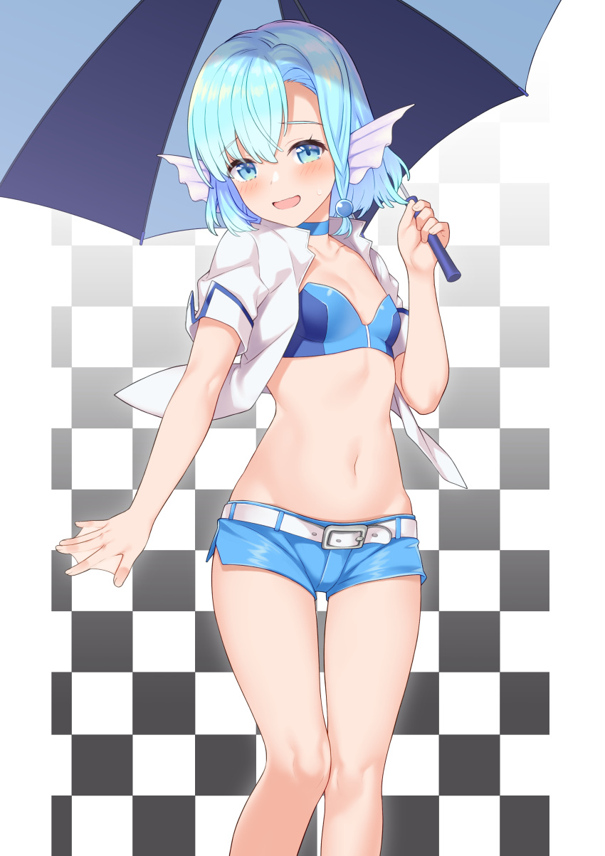 1girl :d absurdres belt blue_eyes blue_hair blue_shorts breasts checkered checkered_background choker collarbone crop_top elliot_leucosia hand_up head_fins highres holding holding_umbrella jacket looking_at_viewer midriff navel open_clothes open_jacket open_mouth original racequeen short_hair short_shorts short_sleeves shorts small_breasts smile solo standing stomach takunomi thighs umbrella webbed_hands white_jacket