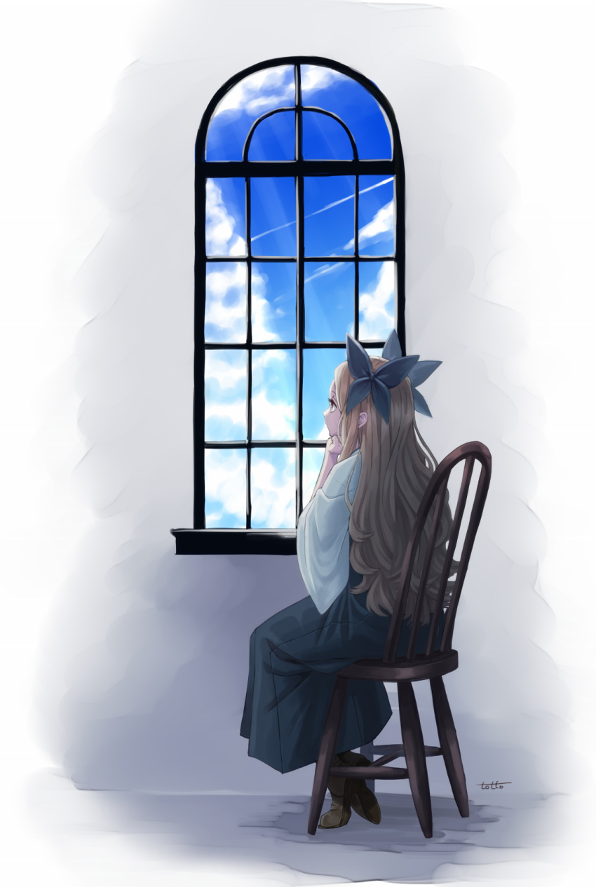1girl artist_name asakaze_(kantai_collection) bangs blue_sky chair chin_rest clouds commentary_request day eyebrows_visible_through_hair highres indoors japanese_clothes kantai_collection light_brown_hair long_hair long_sleeves looking_at_another meiji_schoolgirl_uniform shoes simple_background sitting sky solo totto_(naka) window