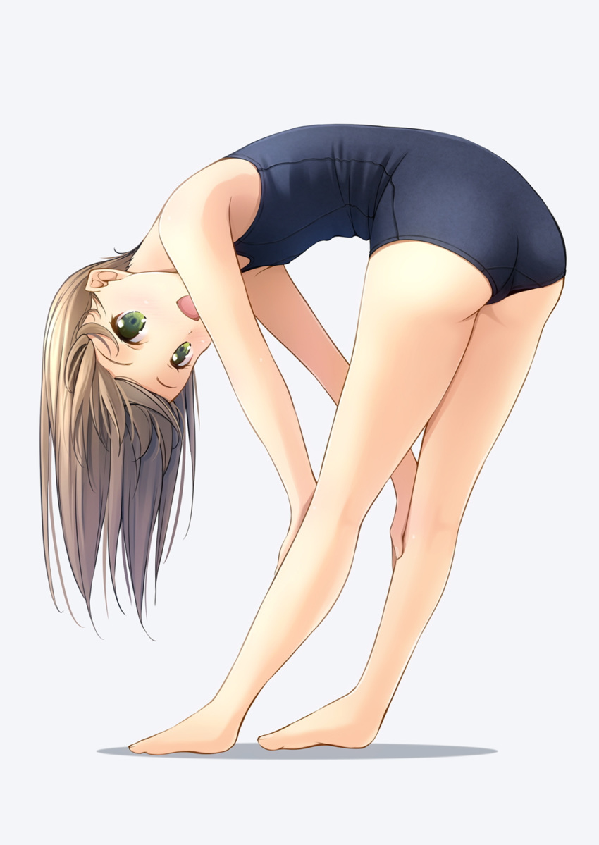 1girl :d ass bare_arms bare_legs bare_shoulders barefoot blue_swimsuit blush brown_hair commentary_request fang full_body green_eyes grey_background hands_on_own_legs highres leaning_forward long_hair looking_at_viewer old_school_swimsuit one-piece_swimsuit open_mouth original school_swimsuit shadow shibacha smile solo standing swimsuit