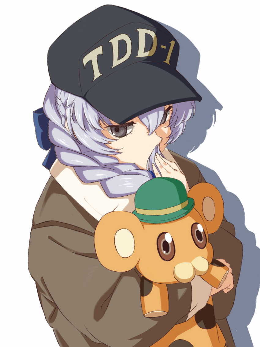 1girl absurdres baseball_cap bonta-kun bow braid braided_ponytail commentary full_metal_panic! grey_eyes grey_eyes hair_bow hat highres jacket meme_tesshin silver_hair single_braid stuffed_toy teletha_testarossa