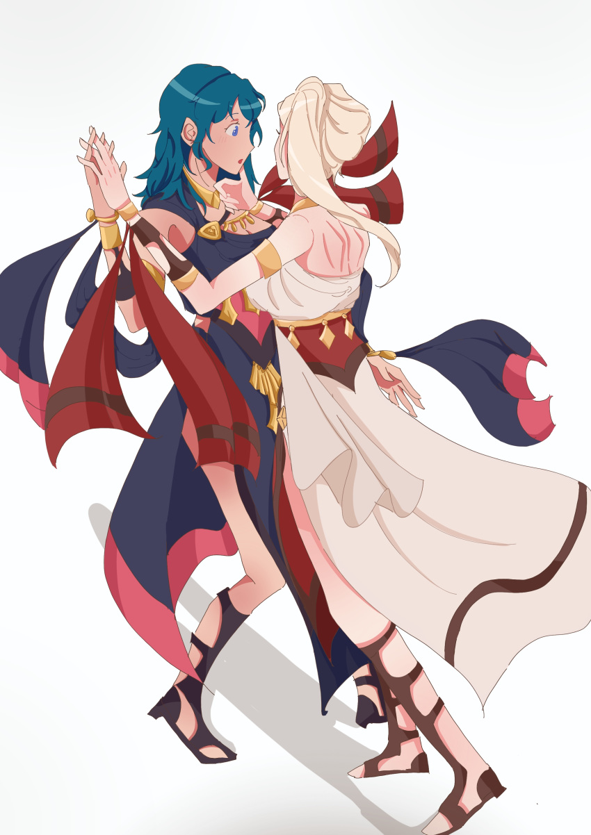 2girls absurdres alternate_costume alternate_hairstyle aqua_hair back breasts byleth_(fire_emblem) byleth_eisner_(female) dancer dancing dress edelgard_von_hresvelg fire_emblem fire_emblem:_three_houses hand_on_another's_face highres holding_hands jewelry looking_at_another multiple_girls necklace open_mouth ramyeonn sash shawl side_ponytail silver_hair simple_background yuri