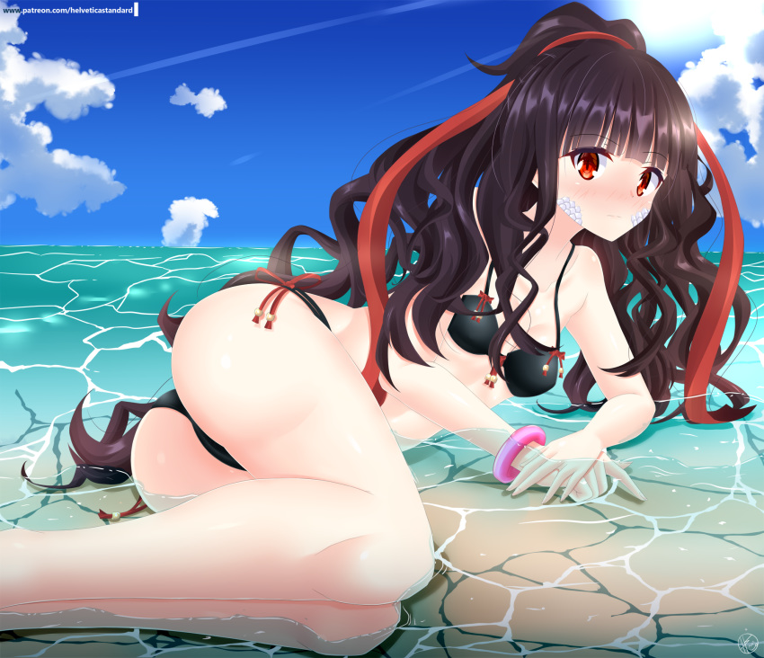 1girl ass azami_(kagerou_project) bikini black_bikini black_hair breasts clouds cloudy_sky commentary_request eyebrows_visible_through_hair hair_between_eyes hair_ribbon hands_together helvetica_5tandard highres kagerou_project light_beam long_hair looking_at_viewer lying ocean on_side partially_submerged patreon_username red_eyes red_ribbon ribbon scales shiny shiny_hair sky small_breasts solo sun swimsuit wavy_hair wristband