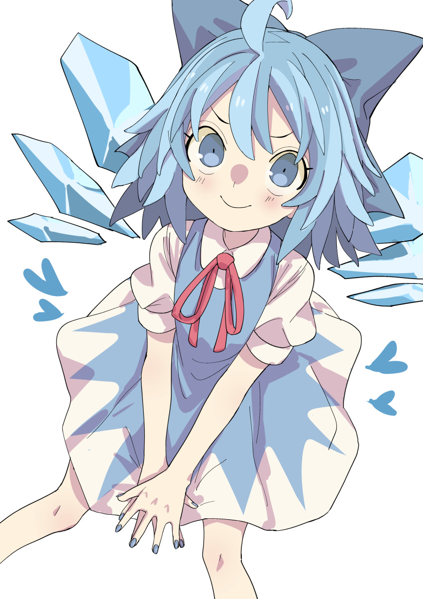 1girl absurdres ahoge banana_takemura blue_bow blue_dress blue_eyes blue_hair blue_nails blue_wings bow cirno closed_mouth dress from_above hair_bow heart highres ice ice_wings looking_at_viewer medium_hair nail_polish puffy_short_sleeves puffy_sleeves short_sleeves simple_background sitting smile solo touhou v_arms white_background wings