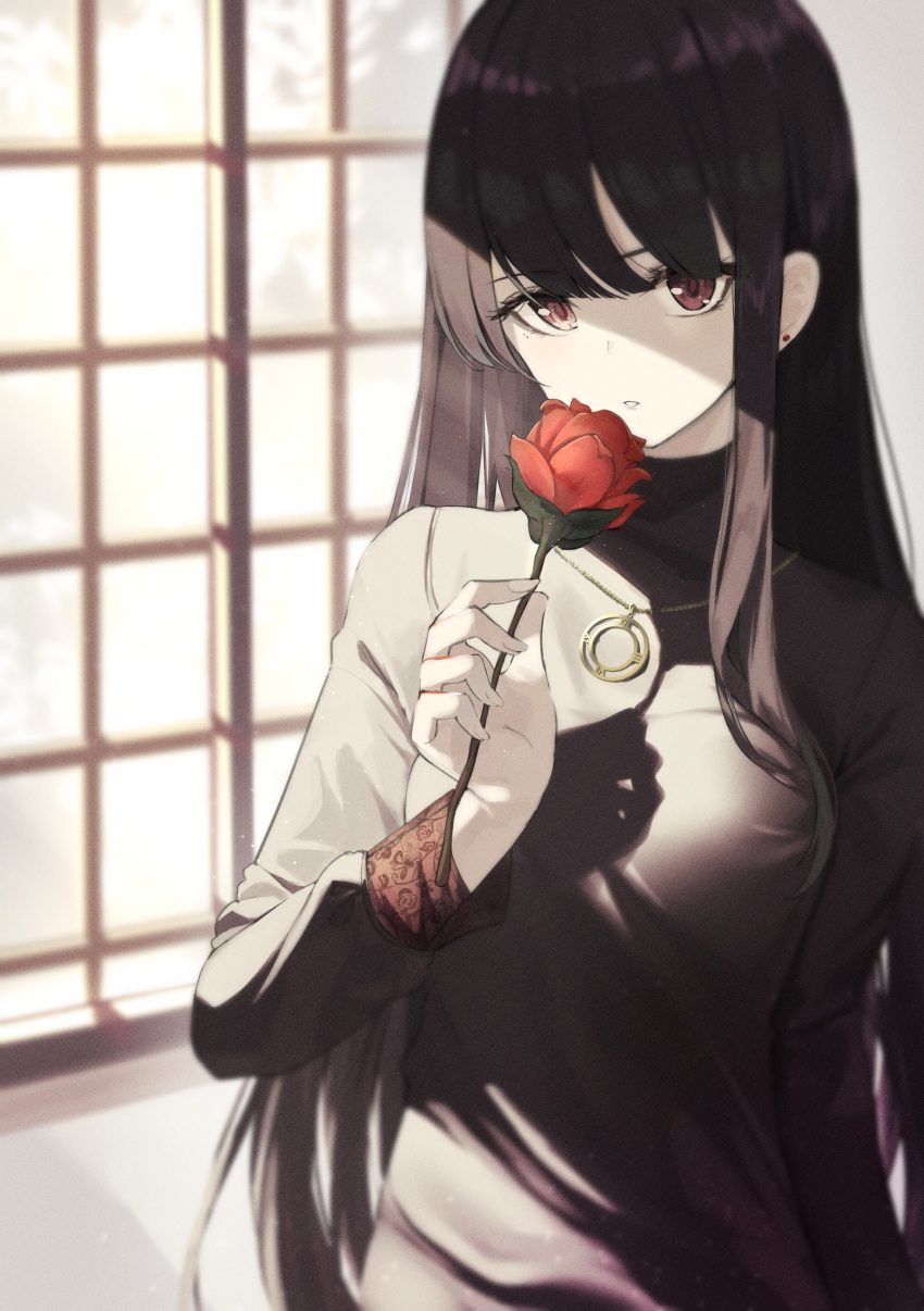 1girl absurdres bangs black_hair breasts brown_eyes earrings flower hair_between_eyes head_out_of_frame highres holding holding_flower huge_filesize jewelry long_hair long_sleeves looking_at_viewer medium_breasts necklace original pendant red_flower red_rose roman_numerals rose shaded_face solo star741 stud_earrings sunlight turtleneck upper_body very_long_hair window