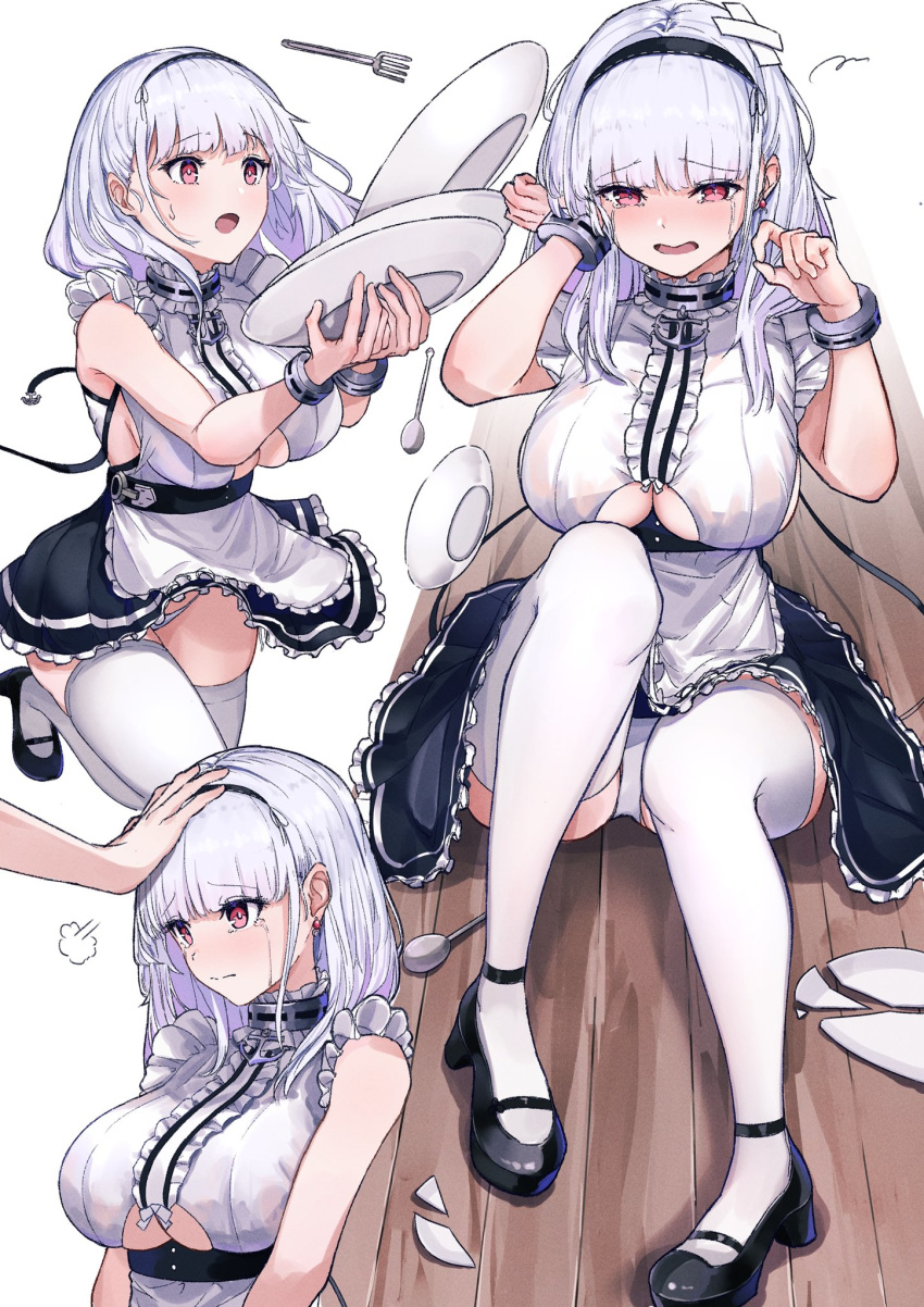 1girl anchor_choker anchor_necklace apron azur_lane bangs bare_shoulders black_hairband breasts center_frills choker crying crying_with_eyes_open dido_(azur_lane) dishes earrings eyebrows_visible_through_hair falling fork frilled_apron frilled_choker frills gu_luco hairband hand_on_another's_head heart heart_earrings high_heels highres jewelry lace-trimmed_hairband large_breasts long_hair maid maid_apron maid_dress outstretched_hand panties petting plate red_eyes shirt sideboob silver_hair sitting sleeveless sleeveless_shirt tears thigh-highs under_boob underboob_cutout underwear waist_apron white_apron white_legwear white_panties wooden_floor wrist_cuffs