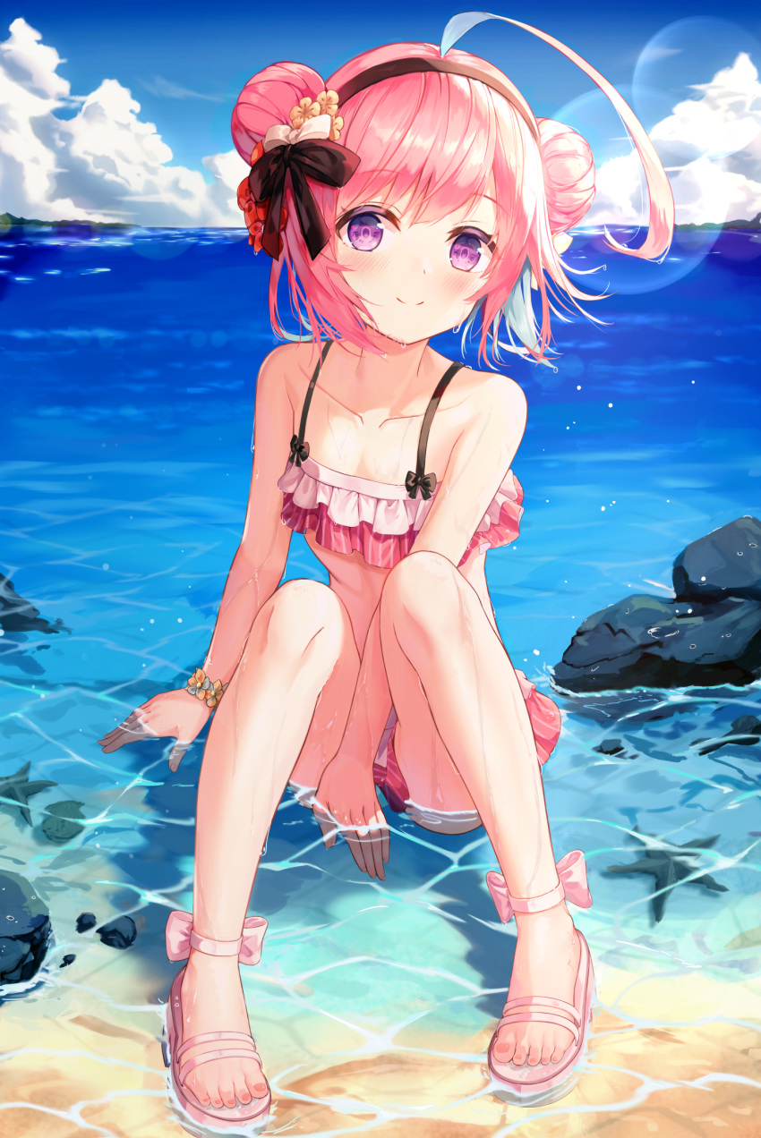 1girl ahoge azur_lane bangs bare_arms bare_shoulders between_legs bikini black_bow black_hairband blue_hair blue_sky blush bow brown_flower closed_mouth clouds cloudy_sky commentary_request day double_bun eyebrows_visible_through_hair flower flower_bracelet full_body hair_bow hair_flower hair_ornament hairband hand_between_legs highres horizon huge_ahoge knees_up layered_bikini multicolored_hair ocean outdoors pink_bikini pink_bow pink_footwear pink_hair pink_nails red_flower sandals saratoga_(azur_lane) seero shallow_water sitting sky smile solo striped swimsuit toenail_polish twintails two-tone_hair vertical-striped_bikini vertical_stripes violet_eyes water wet white_bow