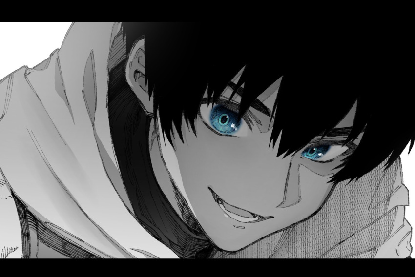 1boy arash_(fate) blue_eyes fate/prototype fate/prototype:_fragments_of_blue_and_silver fate_(series) greyscale highres hood letterboxed maki_keigo male_focus monochrome open_mouth portrait spot_color