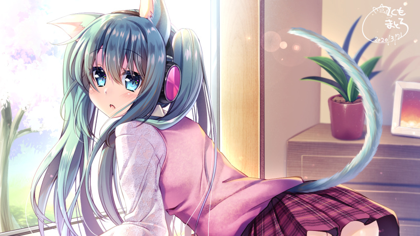 1girl animal_ears aqua_eyes aqua_hair artist_name cat_ears cat_tail dated eyebrows_visible_through_hair fake_animal_ears from_side hair_between_eyes hatsune_miku headphones highres indoors leaning_forward long_hair looking_at_viewer open_mouth plant pleated_skirt potted_plant red_skirt skirt solo tail tree tsukumo_matoro twintails vocaloid window
