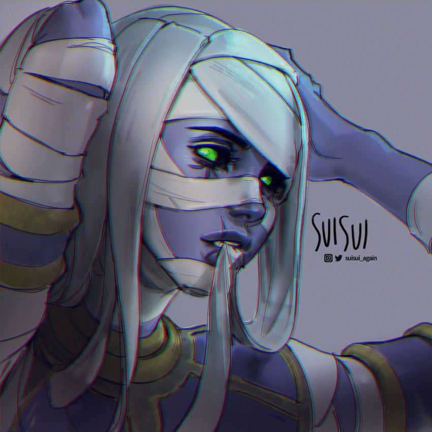1girl adjusting_clothes alternate_costume ana_(overwatch) arms_up artist_name black_sclera chromatic_aberration eye_of_horus eyelashes facial_tattoo gorget green_eyes highres lips mouth_hold mummy_costume nose overwatch pharaoh_ana scar solo suisui_again tattoo twitter_username undead