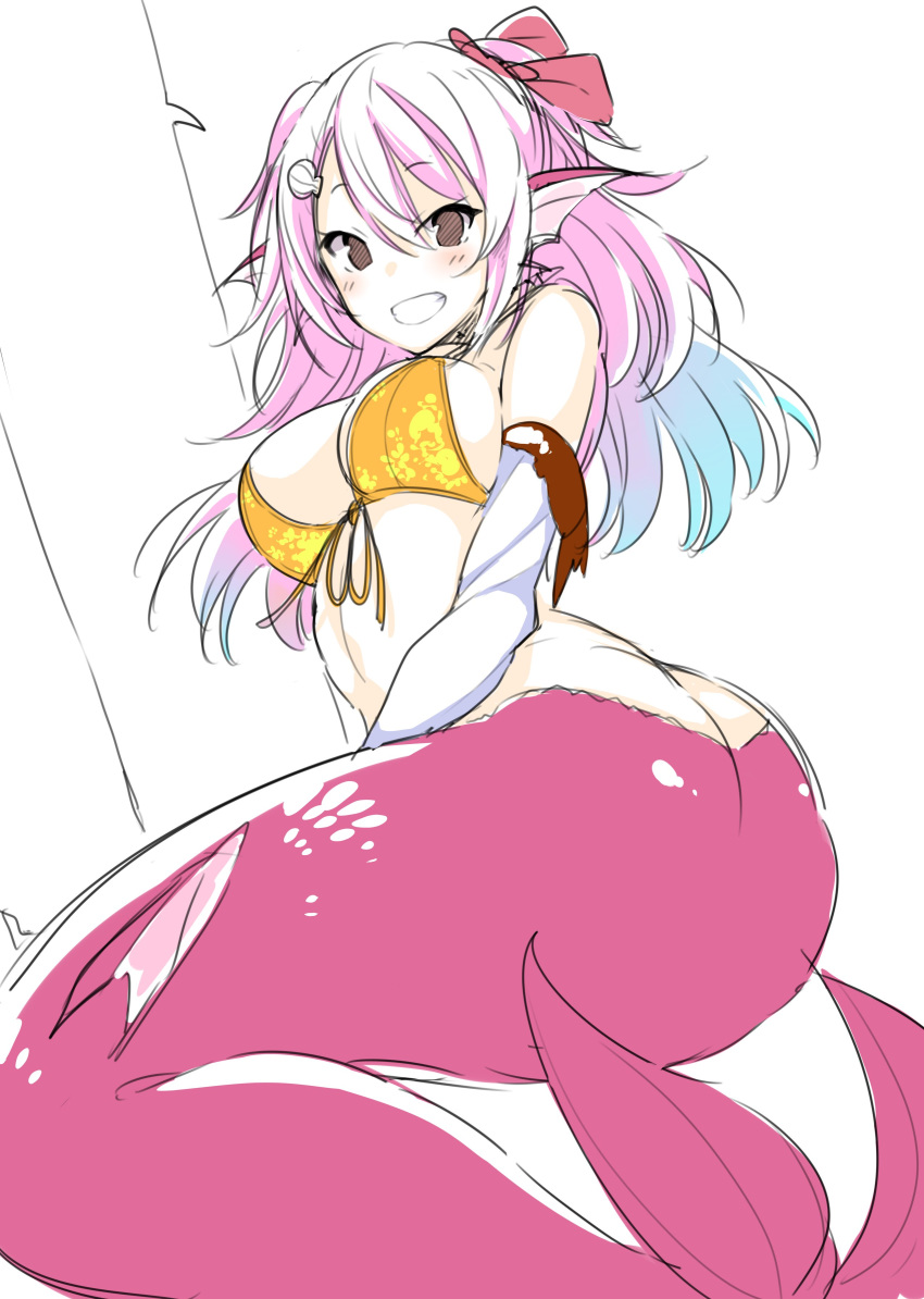 1girl :d absurdres bare_shoulders bikini blush bow breasts brown_eyes elbow_gloves eyebrows_visible_through_hair gloves hair_between_eyes hair_bow head_fins highres large_breasts looking_at_viewer matsunoki_(unknown_751) mermaid monster_girl open_mouth original pink_hair red_bow shell_hair_ornament smile solo swimsuit yellow_bikini