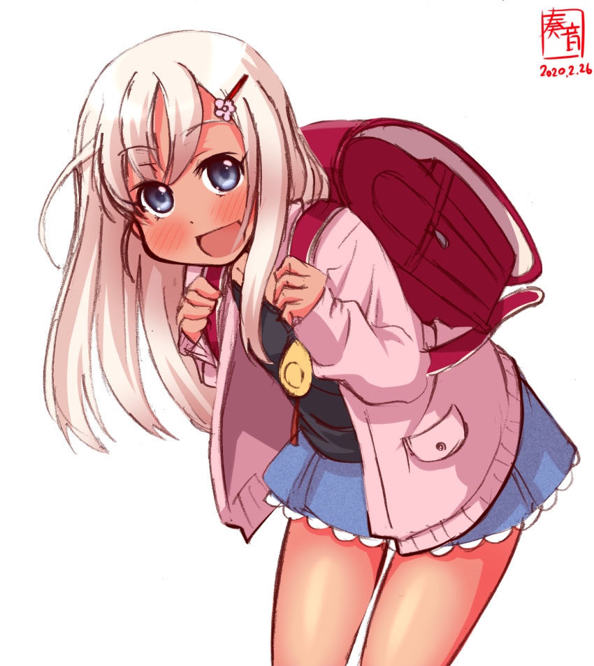 1girl alternate_costume backpack bag blonde_hair blue_eyes blush commentary_request crime_prevention_buzzer eyebrows_visible_through_hair hair_ornament hairclip highres jacket kanon_(kurogane_knights) kantai_collection long_hair long_sleeves looking_at_viewer open_mouth randoseru revision ro-500_(kantai_collection) school_uniform shirt simple_background skirt smile solo tan white_background