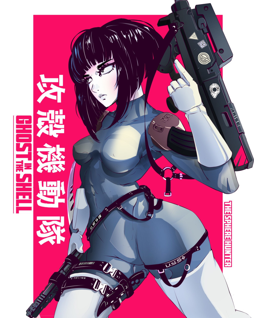 1girl abs arm_blade bangs belt blunt_bangs bob_cut bodysuit boots breasts bullpup commentary commission commissioner_upload cosplay elbow_gloves english_commentary ghost_in_the_shell gloves gun handgun highres holding holding_gun holding_weapon holster holstered_weapon knife laughing_man limited_palette medium_breasts o-ring pale_skin pistol real_life short_hair shoulder_pads skin_tight solo suzi_(the_sphere_hunter) thigh-highs thigh_boots thigh_holster trigger_discipline volta_bass weapon white_footwear white_gloves