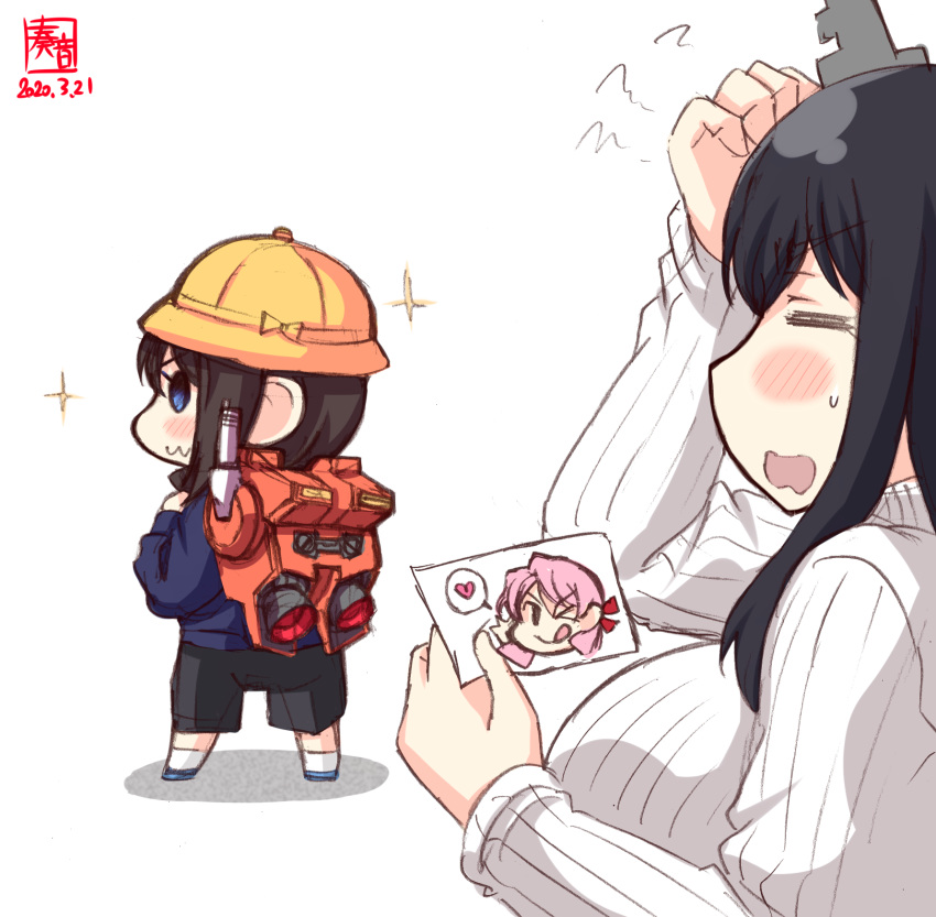 2girls :3 akashi_(kantai_collection) artist_logo backpack bag black_hair black_pants brown_hair closed_eyes commentary_request dated hair_ornament hat highres jetpack kanon_(kurogane_knights) kantai_collection long_sleeves multiple_girls open_mouth pants pink_hair ribbed_sweater school_hat shigure_(kantai_collection) short_hair simple_background smile sparkle sweater white_background white_sweater yamashiro_(kantai_collection) yellow_headwear younger