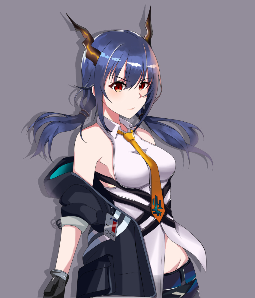 1girl arknights bangs bare_shoulders black_gloves black_jacket blue_hair blush breasts ch'en_(arknights) commentary_request dragon_horns drop_shadow eyebrows_visible_through_hair gloves grey_background groin hair_between_eyes highres horns jacket long_hair looking_at_viewer low_twintails maxwelzy medium_breasts necktie off_shoulder open_clothes open_jacket red_eyes shirt sidelocks simple_background sleeveless sleeveless_shirt solo twintails upper_body white_shirt wing_collar yellow_neckwear
