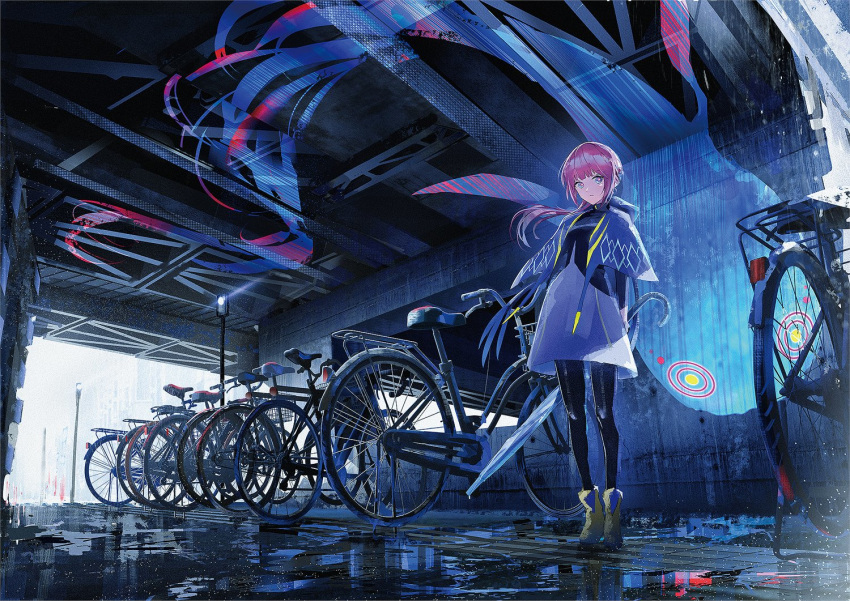1girl bicycle blue_eyes blush capelet closed_umbrella full_body ground_vehicle holding holding_umbrella hood hood_down hooded_capelet kaf kamitsubaki_studio long_hair long_sleeves looking_at_viewer multicolored multicolored_eyes open_mouth outdoors party pink_hair puddle red_eyes solo swav tied_hair umbrella under_bridge virtual_kaf virtual_youtuber yellow_eyes