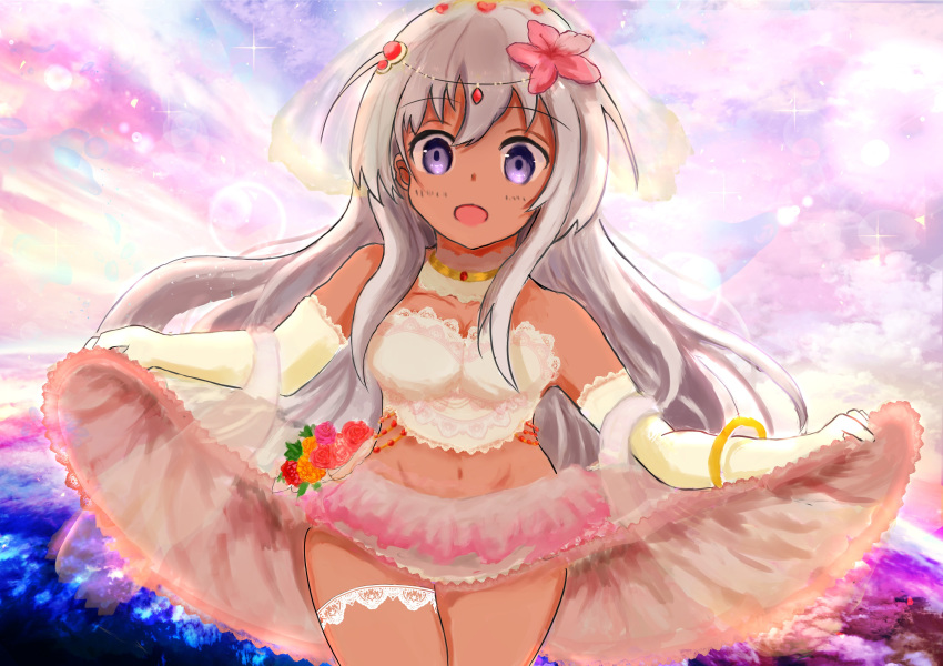 1girl absurdres alternate_costume cowboy_shot dress elbow_gloves faster_crisis flower gloves highres kantai_collection lifted_by_self long_hair looking_at_viewer midriff navel ro-500_(kantai_collection) silver_hair skirt skirt_lift solo violet_eyes wedding_dress white_gloves