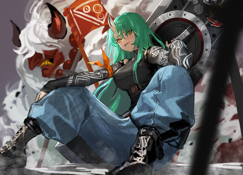 1girl arknights baggy_pants belt boots breasts detached_sleeves green_hair grin highres horn hoshiguma_(arknights) long_hair looking_at_viewer nima_(niru54) oni oni_horn pants shield sitting smile solo yellow_eyes