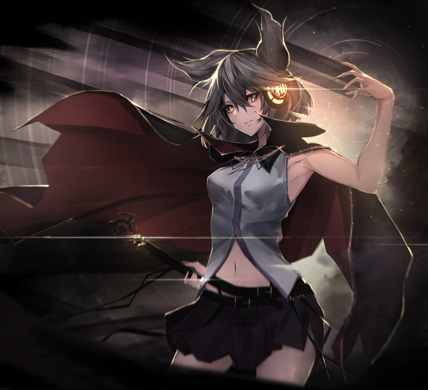 1girl absurdres bangs bare_arms bare_shoulders black_skirt breasts commentary_request cowboy_shot earmuffs grey_hair grey_shirt hair_between_eyes hand_up highres huge_filesize medium_breasts migata miniskirt navel parted_lips pleated_skirt pointy_hair shirt short_hair skirt sleeveless sleeveless_shirt solo standing touhou toyosatomimi_no_miko yellow_eyes