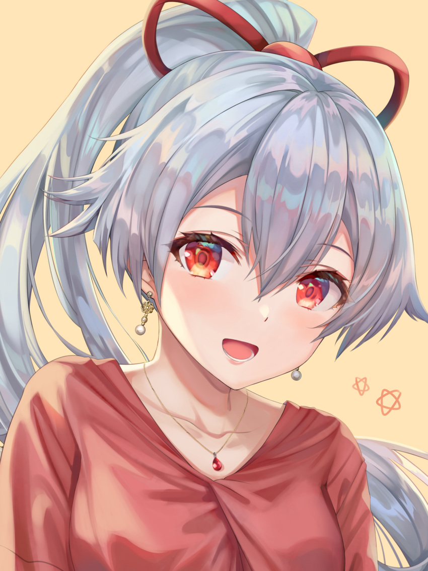 1girl absurdres bangs blush breasts collarbone contemporary earrings fate/grand_order fate_(series) hair_between_eyes hair_ribbon highres jewelry large_breasts long_hair looking_at_viewer open_mouth ponytail red_eyes red_ribbon red_shirt ribbon shirt silver_hair smile solo tomoe_gozen_(fate/grand_order) torino_akua