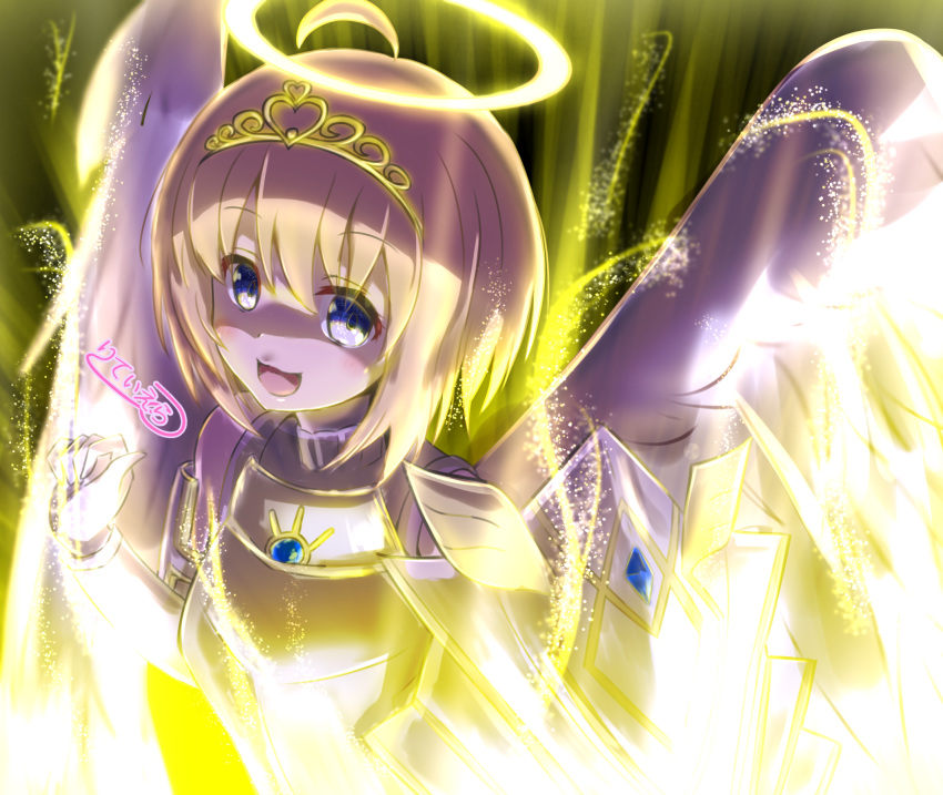 1girl ahoge alternate_eye_color alternate_form alternate_hair_color angel angel_wings armor artist_request aura bangs bare_shoulders blonde_hair blue_eyes blush bob_cut bracer breastplate eyebrows_visible_through_hair gloves halo highres itai_no_wa_iya_nano_de_bougyoryoku_ni_kyokufuri_shitai_to_omoimasu light looking_at_viewer maple_(bofuri) open_mouth shield short_hair signature sleeveless smile solo tiara underlighting upper_body white_wings wings