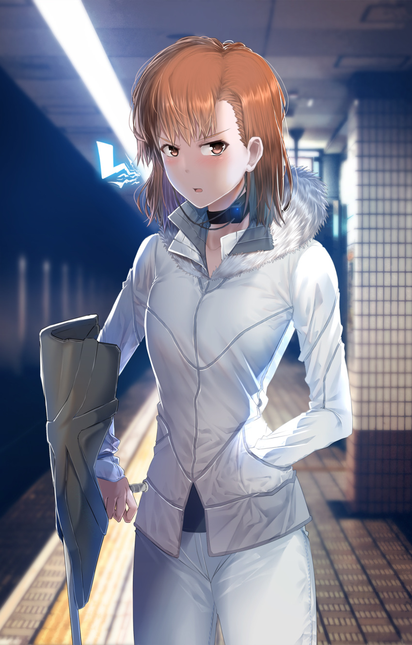 1girl bangs breasts brown_eyes brown_hair collarbone extreeme33 fur_trim highres jacket long_sleeves looking_at_viewer medium_breasts misaka_mikoto open_mouth outdoors pants solo standing to_aru_kagaku_no_railgun to_aru_majutsu_no_index white_jacket white_pants