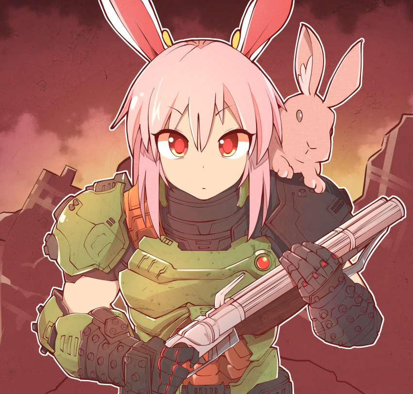 absurdres animal_ears armor cosplay doom_(game) doom_eternal doomguy doomguy_(cosplay) double_barrels expressionless eyebrows_visible_through_hair gun highres majormilk pink_hair rabbit rabbit_ears red_eyes reisen_udongein_inaba shotgun touhou weapon