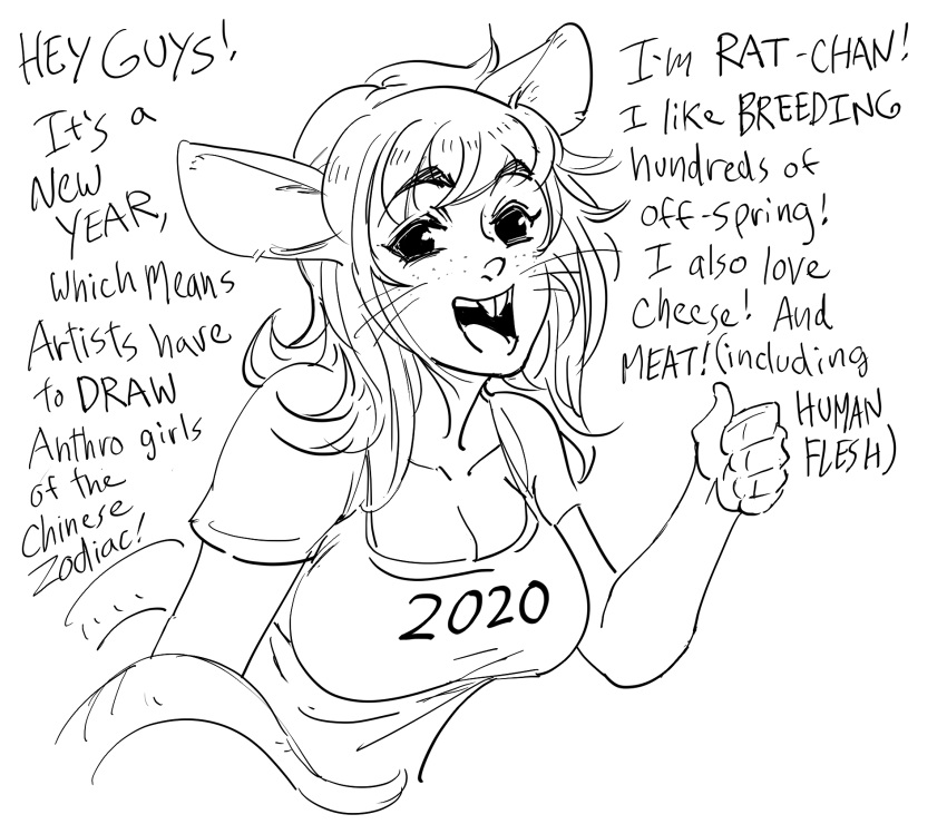 1girl 2020 animal_ears bb_(baalbuddy) breasts buck_teeth cannibalism chinese_zodiac commentary english_commentary freckles greyscale highres large_breasts medium_hair monochrome mouse_ears mouse_girl original shirt short_sleeves simple_background smile solo thumbs_up upper_body white_background year_of_the_rat