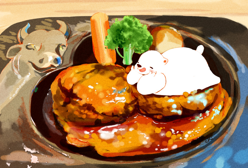 artist_name bear broccoli carrot chai commentary_request cow hamburger_steak head_rest highres no_humans original plate sitting_on_food tongue tongue_out