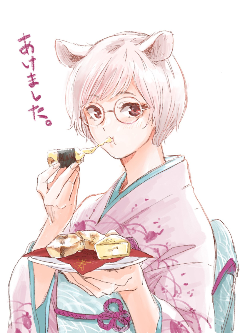 1girl :t animal_ears blue_sash blush eating floral_print food food_request glasses highres holding holding_food holding_plate japanese_clothes kimono long_sleeves looking_at_viewer nikaidou_kou obi original pink_hair pink_kimono plate red_eyes round_eyewear sash short_hair simple_background solo translated white_background wide_sleeves