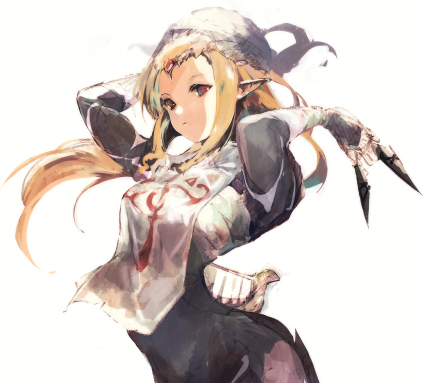 1girl arms_up between_fingers black_bodysuit blonde_hair bodysuit circlet closed_mouth commentary_request cowboy_shot holding holding_weapon kunai leaning_forward long_hair pointy_ears red_eyes ruby_(gemstone) sarashi shad_ne sheik sidelocks simple_background sketch solo the_legend_of_zelda the_legend_of_zelda:_ocarina_of_time turban weapon white_background