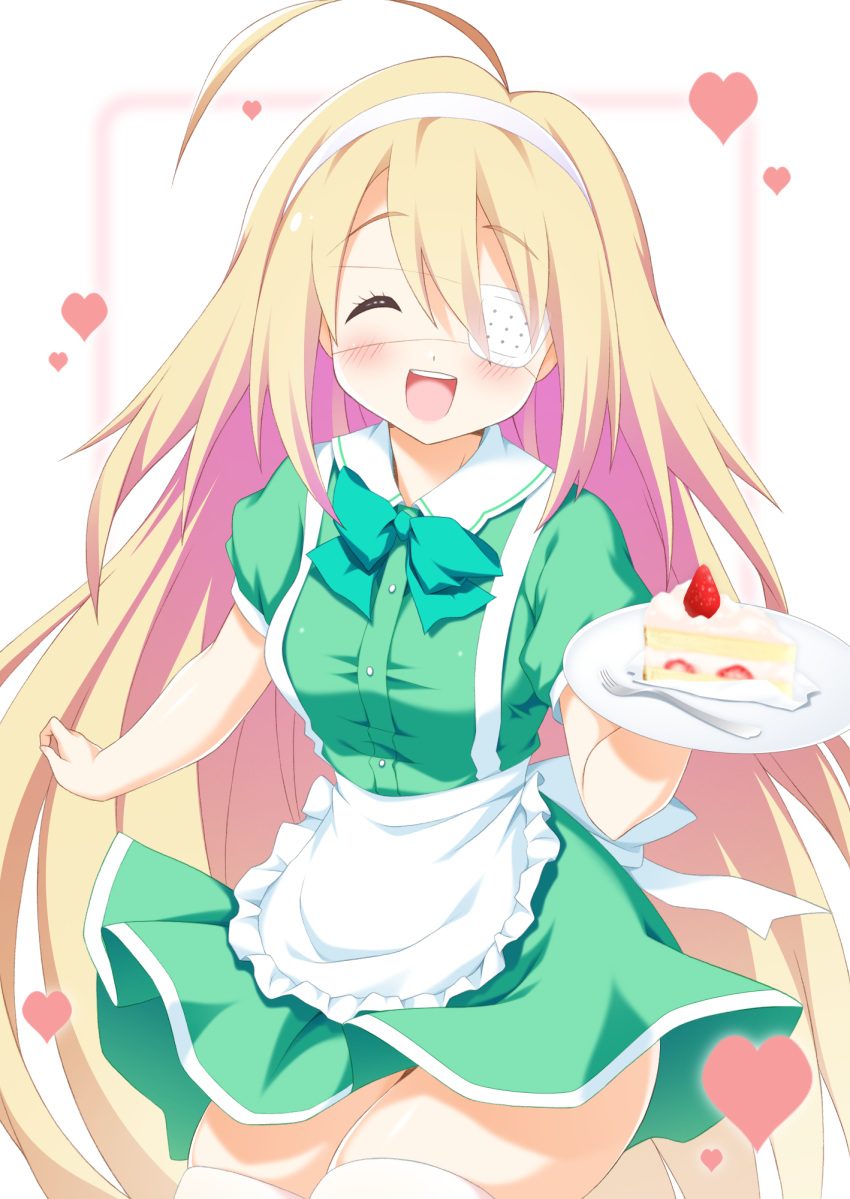 1girl :d ^_^ ahoge apron bangs blonde_hair blurry blurry_background blush bow breasts cake closed_eyes collared_dress commentary_request depth_of_field dress eyebrows_visible_through_hair eyepatch facing_viewer food fork frilled_apron frills fruit green_bow green_dress hair_between_eyes hairband heart highres holding holding_plate long_hair medical_eyepatch open_mouth original plate puffy_short_sleeves puffy_sleeves short_sleeves skindentation slice_of_cake small_breasts smile solo strawberry taira_takehiro thigh-highs upper_teeth very_long_hair waist_apron white_apron white_hairband white_legwear